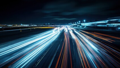 Wall Mural - Night highway with light trails, city buildings and dark sky.