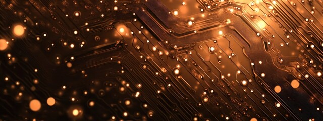 Wall Mural - Abstract golden circuit board with glowing particles.