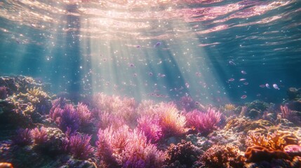 Wall Mural - Sunbeams illuminate vibrant coral reef teeming with colorful fish.