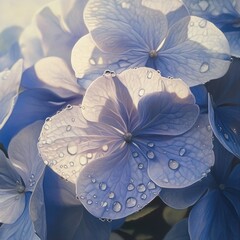 Poster - Close-up of delicate light blue hydrangeas with water droplets, illuminated by sunlight.