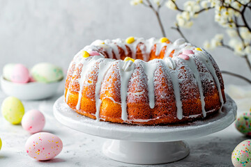 Wall Mural - Easter cake with icing sugar decorated with easter egg on white marble background