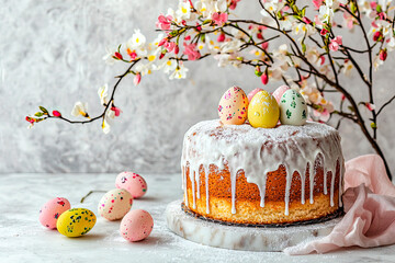 Wall Mural - Easter cake with icing sugar decorated with easter egg on white marble background