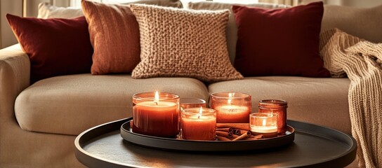 Wall Mural - Cozy living room with lit candles on a coffee table, surrounded by warm-toned throw pillows and a blanket.