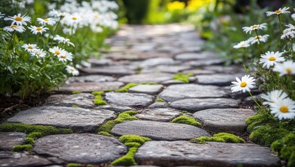 Wall Mural - Stone path lined with blooming daisies and moss.