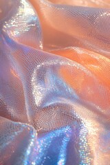 Poster - Iridescent fabric texture with soft peach and blue hues, showing folds and shimmer.