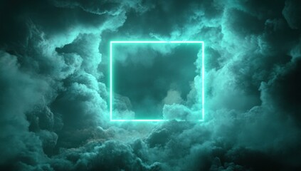 Wall Mural - glowing teal neon square frame in dark stormy clouds.