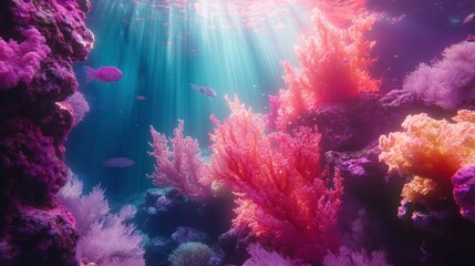 Wall Mural - Vibrant coral reef underwater scene with colorful fish and sunbeams.