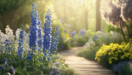 Wall Mural - Sunlit garden path with vibrant blue and yellow flowers.