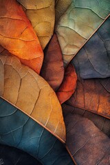 Wall Mural - Close-up of vibrant autumn leaves in various shades of orange, brown, and teal, showcasing intricate textures and veins.