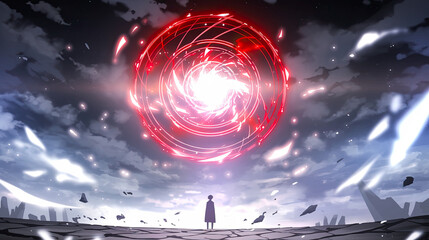 A man standing in a field with a red circle while an anime professor explains the concept of time travel and its implications in a clear visual representation