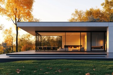 Wall Mural - Modern house with large windows overlooking autumnal forest at sunset.