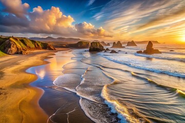 Wall Mural - Serene Bandon Beach Oregon: Panoramic Long Waves at Dawn