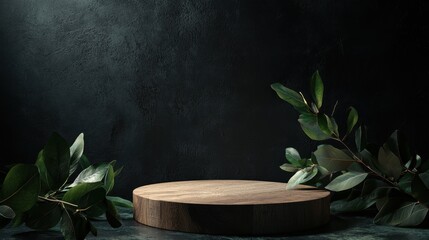 Wall Mural - Wooden 3d podium on black textured wall background with green leafy branches. Nature round oak stage on dark backdrop with green leaves . Natural wood empty pedestal for luxury product presentation