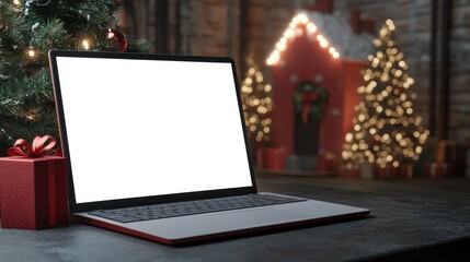 Wall Mural - Laptop computer with white blank empty mock up screen on Merry Christmas table with presents gifts, decorated Xmas tree in Santa house background. Ecommerce website online shopping delivery ads.