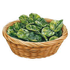 Wall Mural - Fresh Spinach in Rustic Woven Basket Eco isolated on transparent background