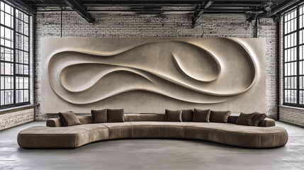 Wall Mural - Sculpted wall art and curved sofa in a spacious loft with large windows and exposed brick.