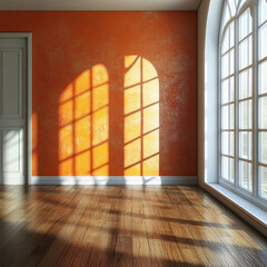 Wall Mural - Sunlight streams through an arched window, casting geometric shadows on a textured orange wall and polished wooden floor.