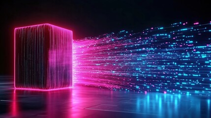 Wall Mural - electric cube emitting vibrant neon lights in a dark digital space