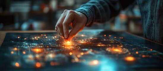 Hand interacting with glowing network map.