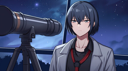 Man in suit and tie standing next to telescope observing astronomical event with legendary anime astronomer witnessing cosmic phenomena in the night sky