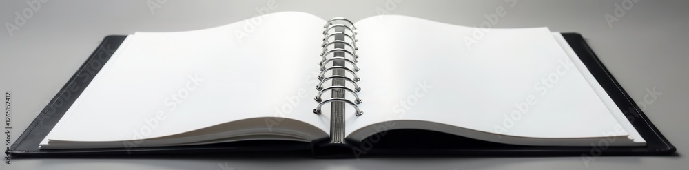 Black three-ring binder, open to show empty pages, open, texture ...