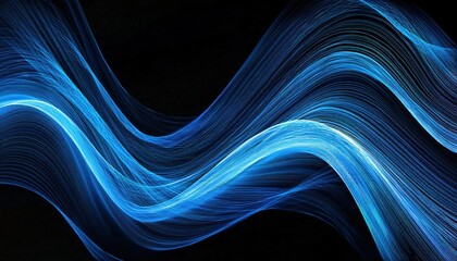 Fototapete - blue flowing light wave on black background for technology design, futuristic energy line for digital art projects

