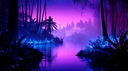 Wall Mural - enchanted twilight scene with glowing plants by a serene river in a mystical forest setting