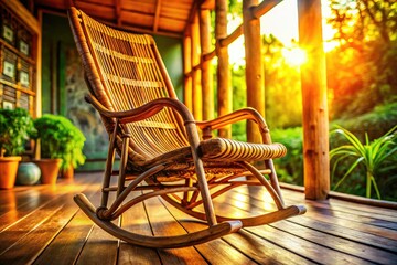 Sunlight bathes a close-up of a bamboo rocking chair on a porch.