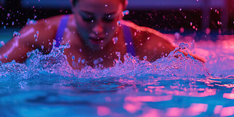 Wall Mural - Woman Swimming Underwater, Pink and Blue Water Splashes