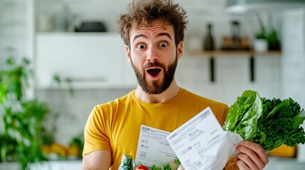 Wall Mural - A man holding a grocery shopping bag with groceries, looking at a long receipt from a card. This is the winner of the Boom! stock photo contest, a high-resolution photo with high detail.