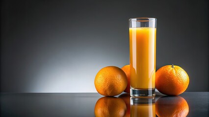 Wall Mural - Sunlit orange juice, tall glass, minimalist backdrop. Clean lines, vibrant hue.