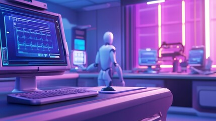 futuristic laboratory scene with a robot analyzing data on screens, vibrant neon lighting in backgro