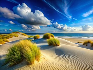 Wall Mural - Stunning Beach Landscape: Sand Dunes, Azure Sky, Coastal Paradise