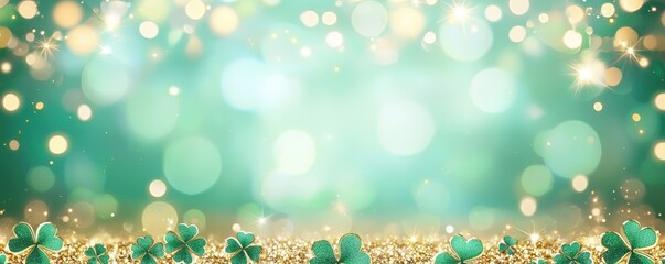 Wall Mural - A vibrant green backdrop adorned with sparkling golden bokeh and scattered shamrocks, evoking a festive, joyful atmosphere.