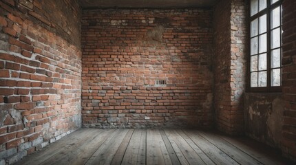 Wall Mural - Empty rustic interior room with exposed brick walls and wooden floorboards natural light through window Copy Space