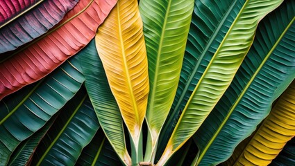 Wall Mural - Colorful tropical leaves in various shades of green, pink, and yellow arranged in a layered pattern with copy space.