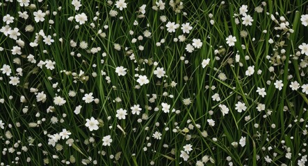 Poster - Field of small white flowers with green grass background, nature texture, floral scene, natural environment, vibrant colors, Copy Space