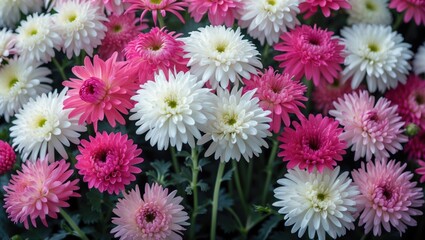 Fototapete - Colorful mix of pink and white daisies in full bloom close-up floral arrangement with green foliage and natural lighting