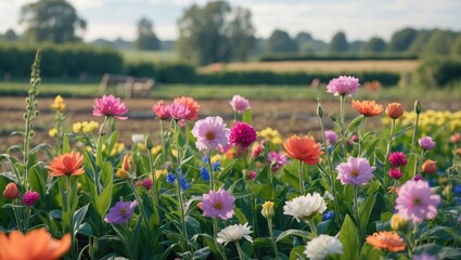 Poster - Colorful flower field with various blossoms in bloom under natural sunlight against a rural landscape Copy Space