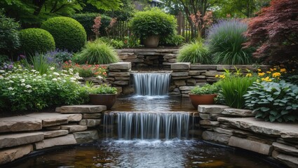 Canvas Print - Lush garden landscape featuring serene stone waterfalls surrounded by vibrant flowers and ornamental plants with reflections in a pond