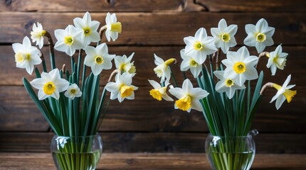 Fototapete - White daffodil flowers in glass vases on wooden background with green leaves natural light Copy Space