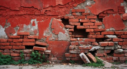 Sticker - Weathered red brick wall with peeling paint and exposed bricks next to greenery on the ground, Copy Space