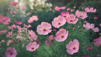 Poster - Vibrant pink cosmos flowers blooming in a garden with soft sunlight background and green foliage Copy Space