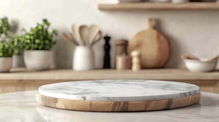 Poster - Stylish marble tabletop on wooden platform with copyspace for your logo at blurry kitchen utensils and dishes on light wall background. 3D rendering, mockup