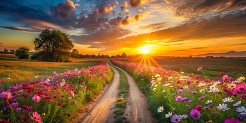 Wall Mural - Sunset Cosmos Field Dirt Road Bokeh Landscape Photography