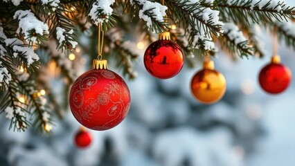 red and gold glass ornaments catching light as they dangle from snowy fir branches, dangling, Christmas, ornaments