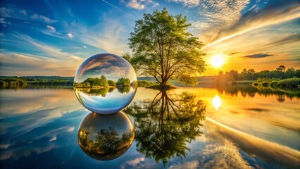 Wall Mural - Surreal Aerial View: Lone Tree in Glass Orb on Calm Lake