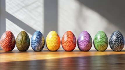 Wall Mural - Patterned colorful eggs on wooden table. Easter holiday banner