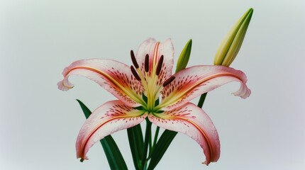 Wall Mural - Pink lily flower with budding green leaves on a light background, showcasing detailed petals and contrasting colors, Copy Space