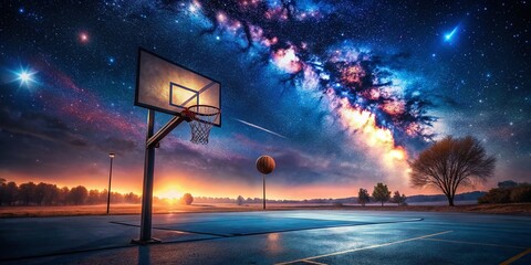 Wall Mural - Surreal Basketball Court: Floating Hoops & Starry Night Sky